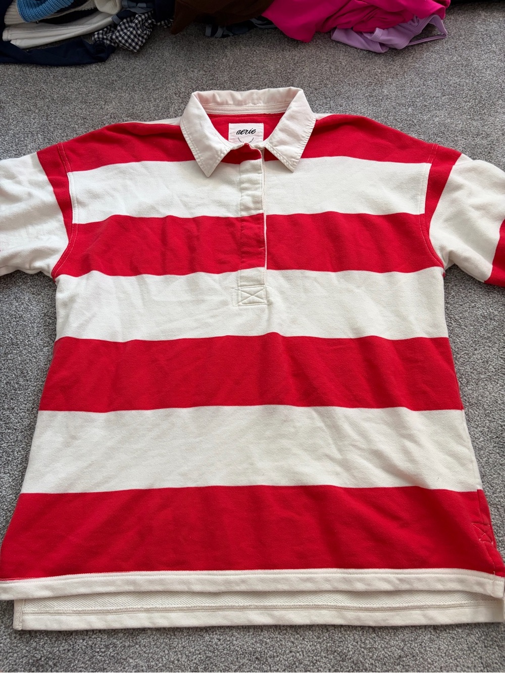 aerie Red and White Striped Polo Sweatshirt